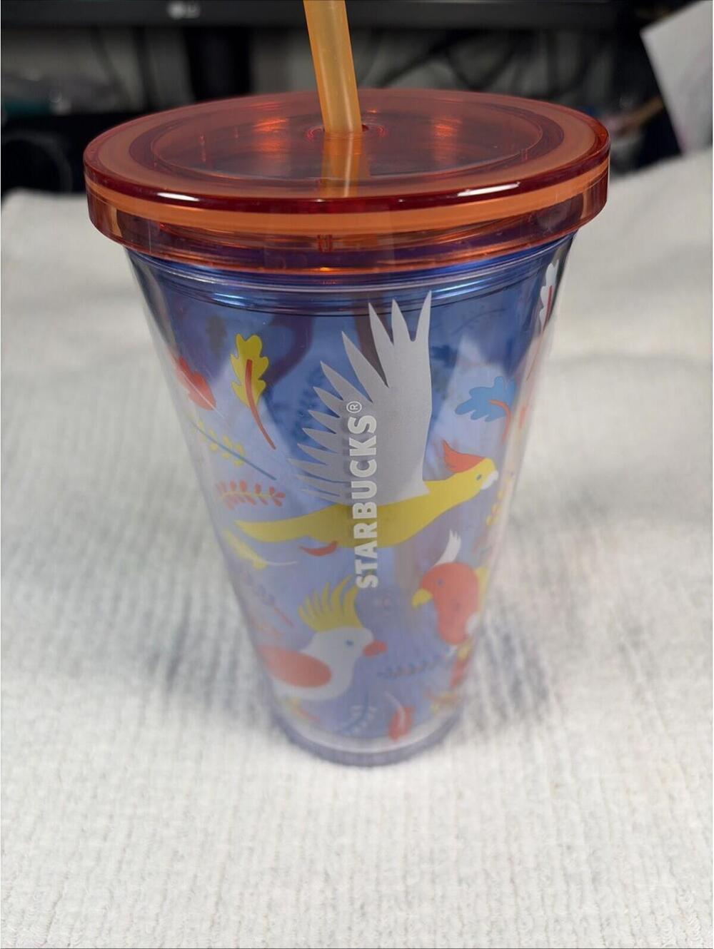 STARBUCKS Tropical Birds Cockatoo Parrot 16 Oz Blue Cold Cup Tumbler